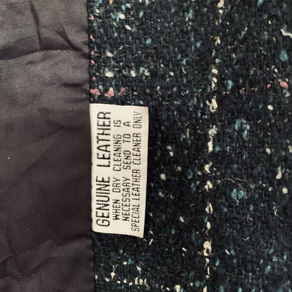 Vintage 80s Women L/XL* Coat Black Tweed Speckled Wool Leather Button Mod Gogo - Picture 9 of 15